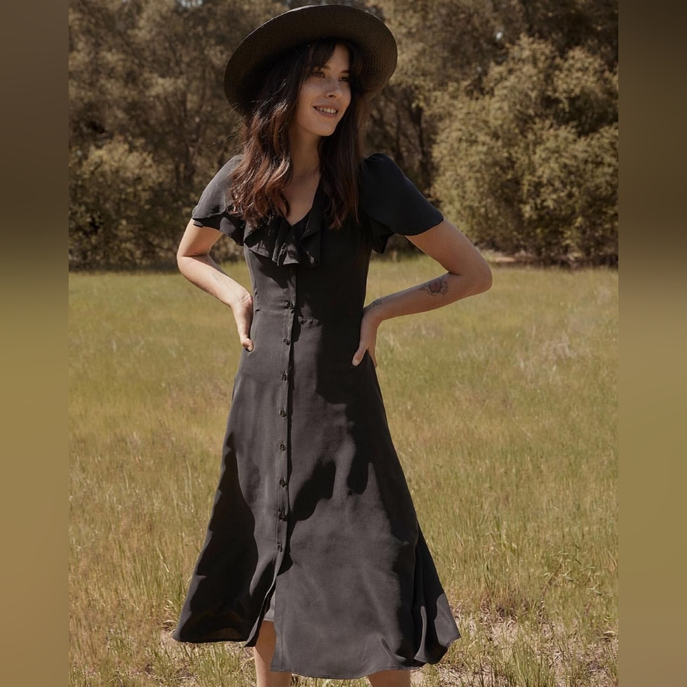 Christy Dawn Black Ruffle-Front Button Midi Dress